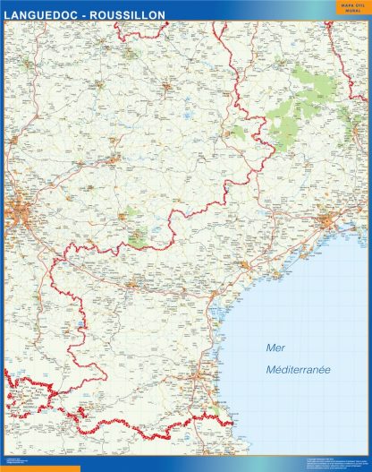 Mapa Languedoc Roussillon en Francia plastificado