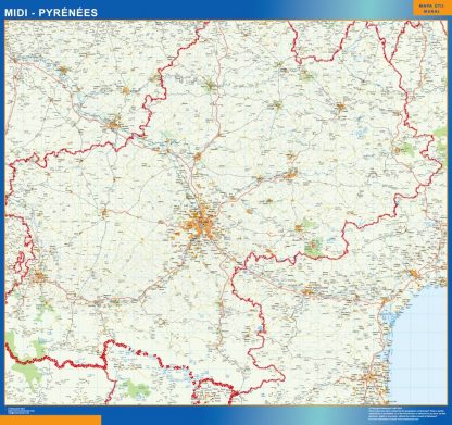 Mapa Midi Pyrenees en Francia plastificado