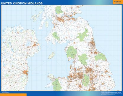 Mapa Reino Unido Midlands carreteras plastificado