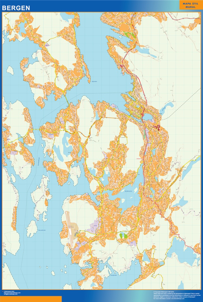 Mapa Bergen en Noruega plastificado gigante