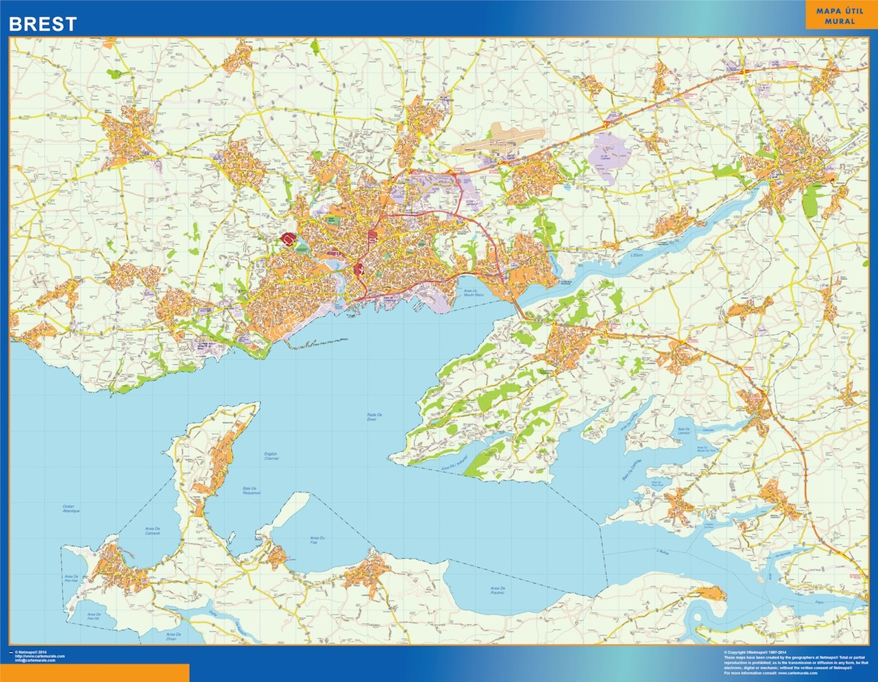 Mapa Brest en Francia plastificado gigante