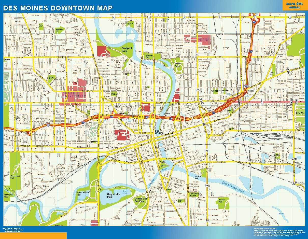 Mapa Des Moines downtown plastificado gigante