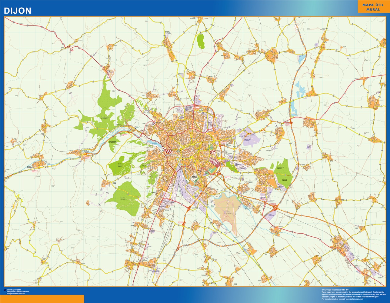 Mapa Dijon en Francia plastificado gigante