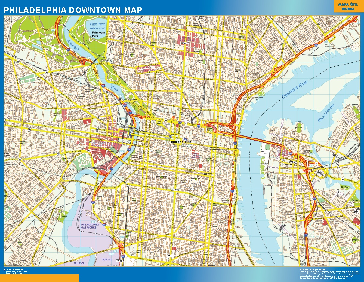 Mapa Filadelfia downtown plastificado gigante
