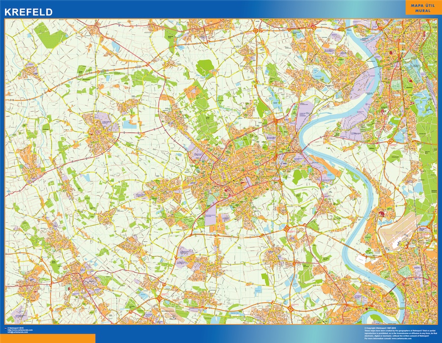 Mapa Krefeld en Alemania plastificado gigante