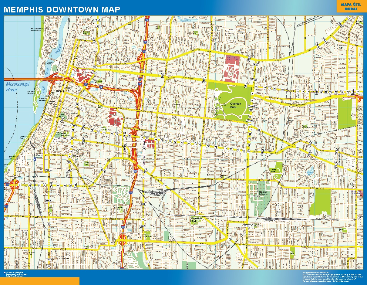 Mapa Memphis downtown plastificado gigante