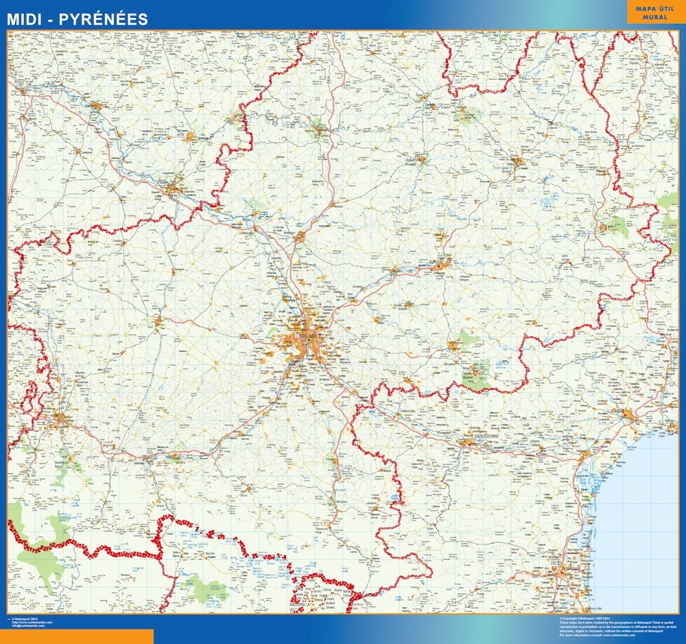 Mapa Midi Pyrenees en Francia plastificado gigante