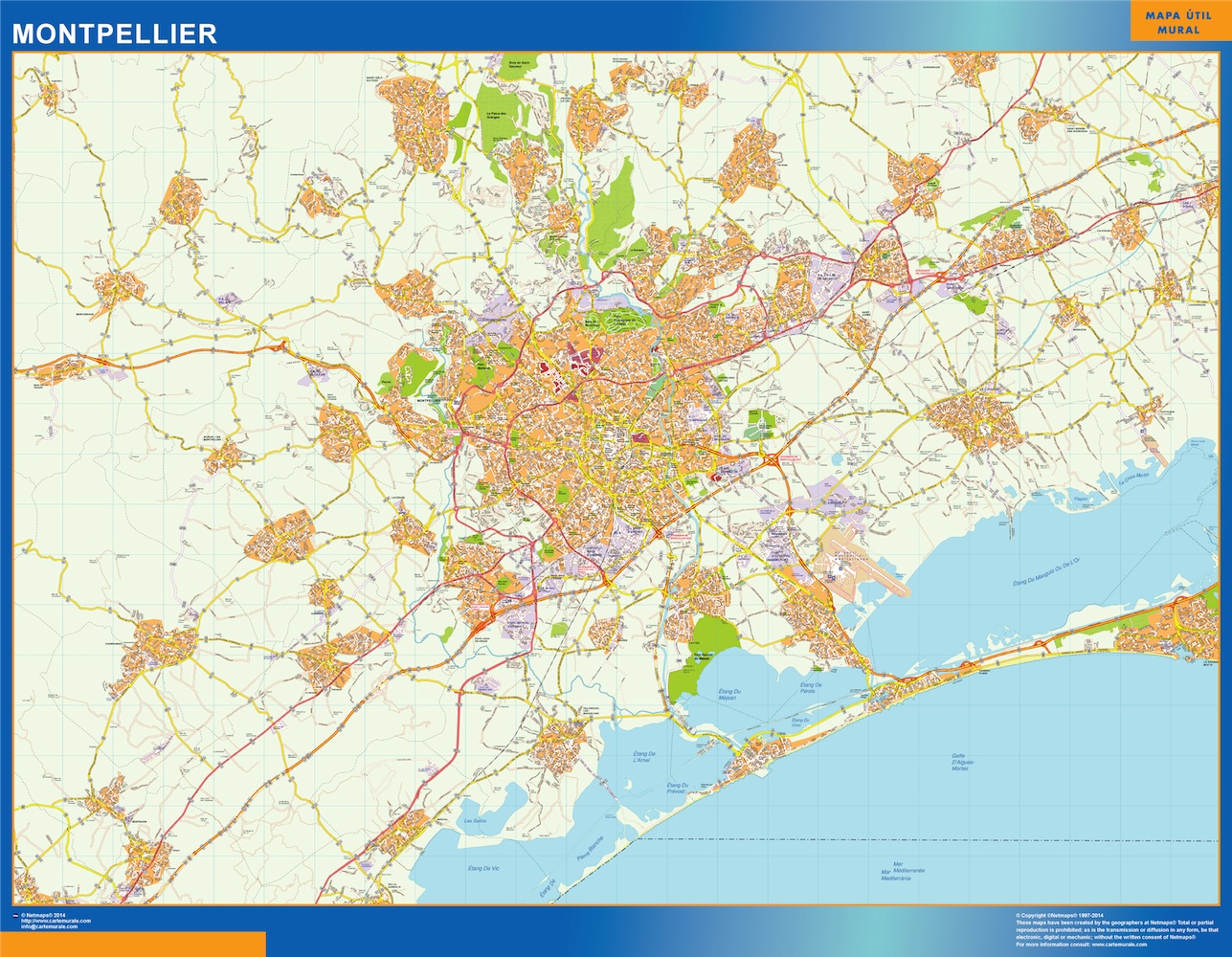 Mapa Montpellier en Francia plastificado gigante