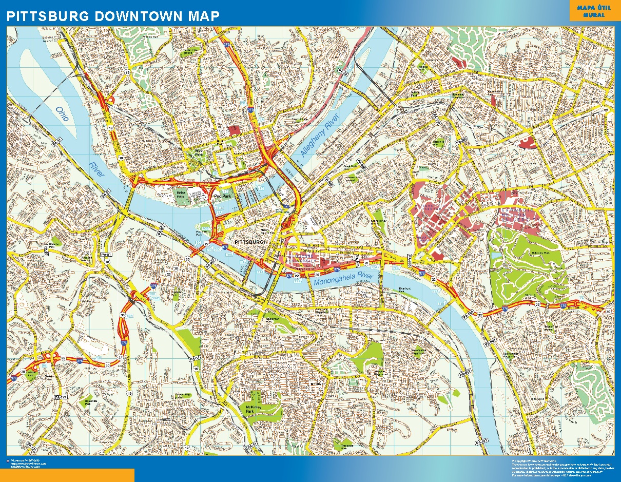 Mapa Pittsburg downtown plastificado gigante