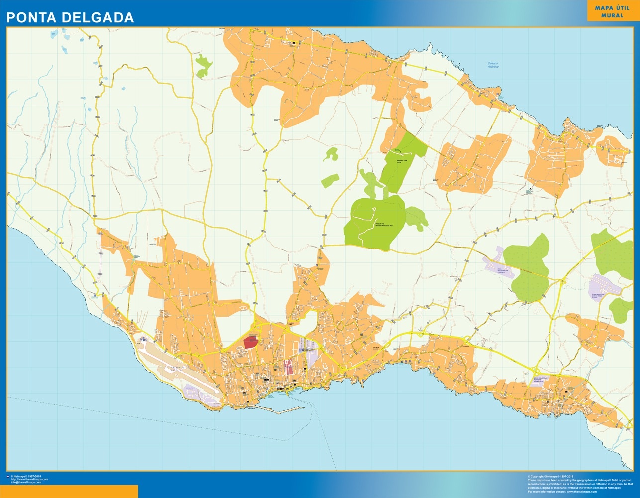 Mapa Ponta Delgada en Portugal plastificado gigante