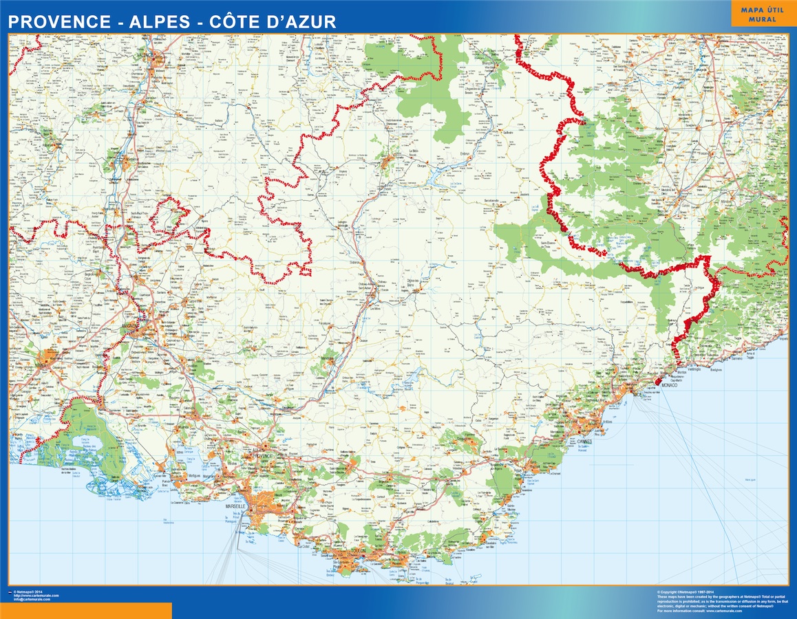 Mapa Provence Alpes Cote Azur en Francia plastificado gigante