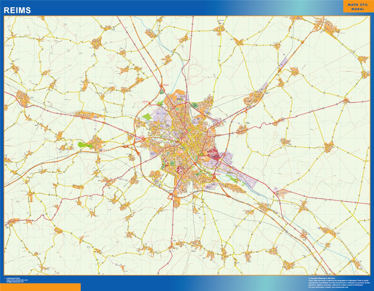 Mapa Reims en Francia plastificado gigante