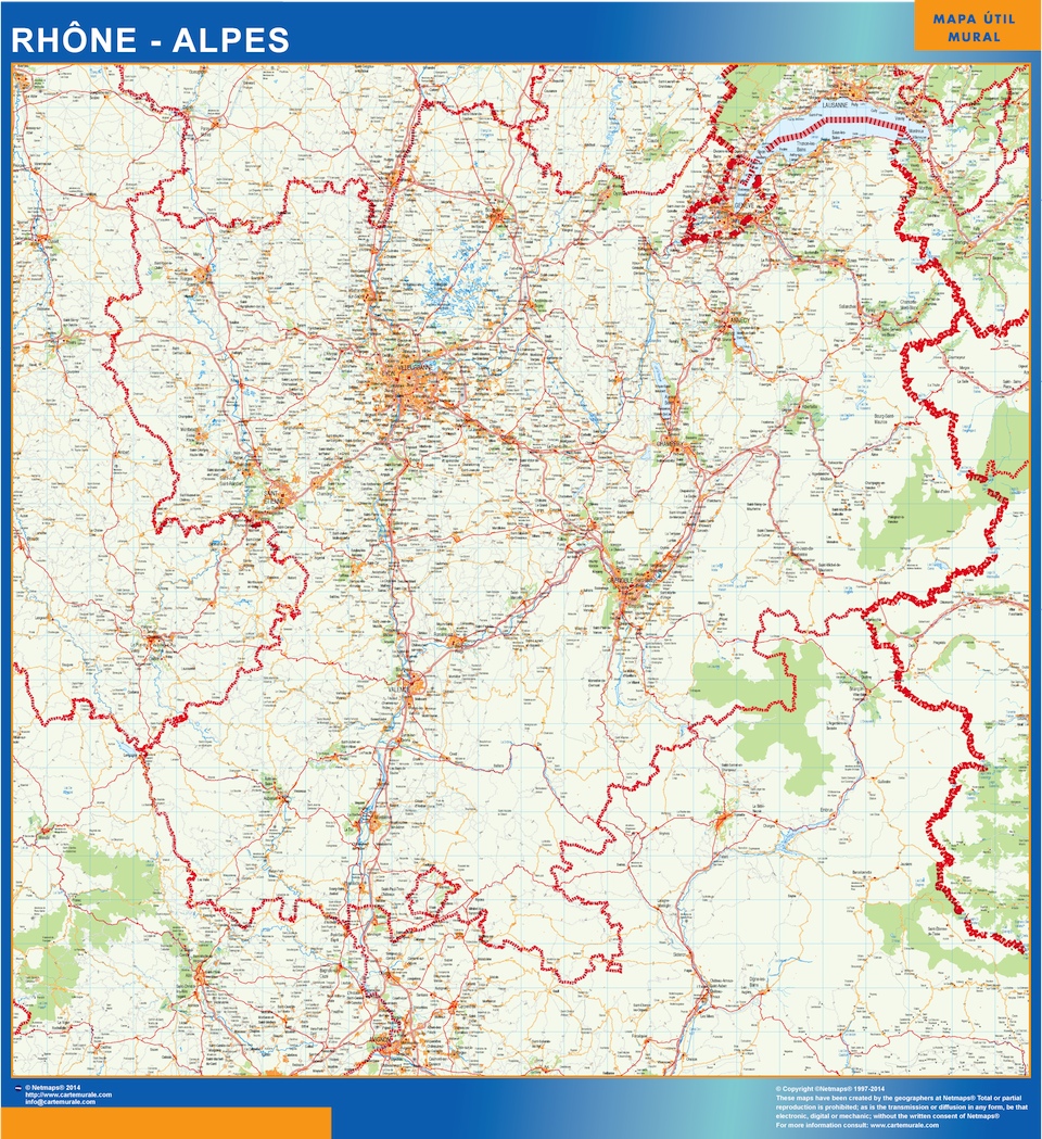 Mapa Rhone Alpes en Francia plastificado gigante