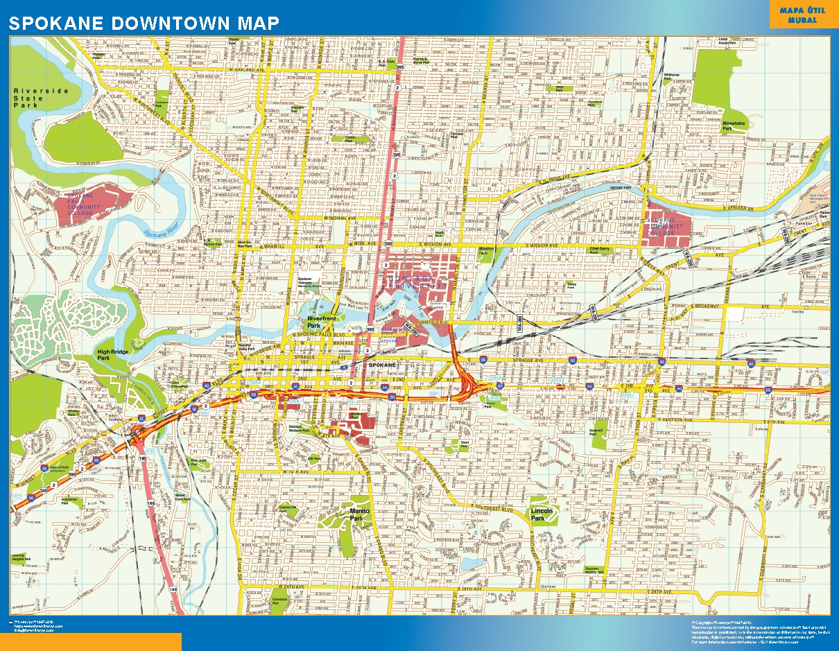Mapa Spokane downtown plastificado gigante