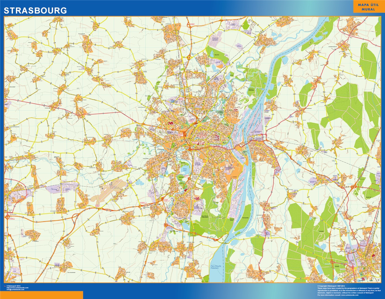 Mapa Strasbourg en Francia plastificado gigante