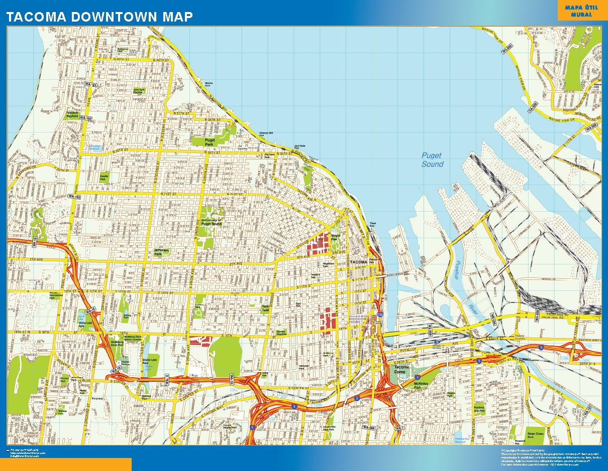 Mapa Tacoma downtown plastificado gigante