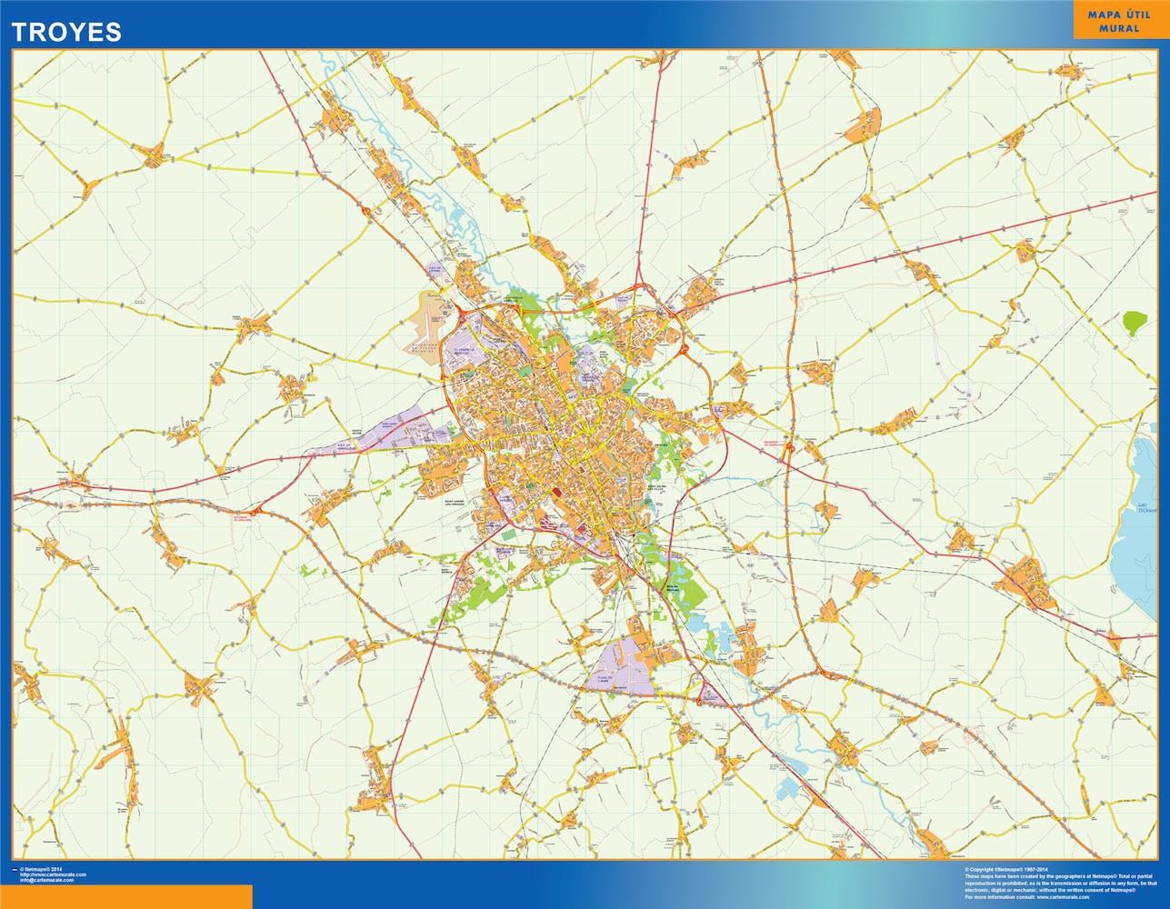 Mapa Troyes en Francia plastificado gigante