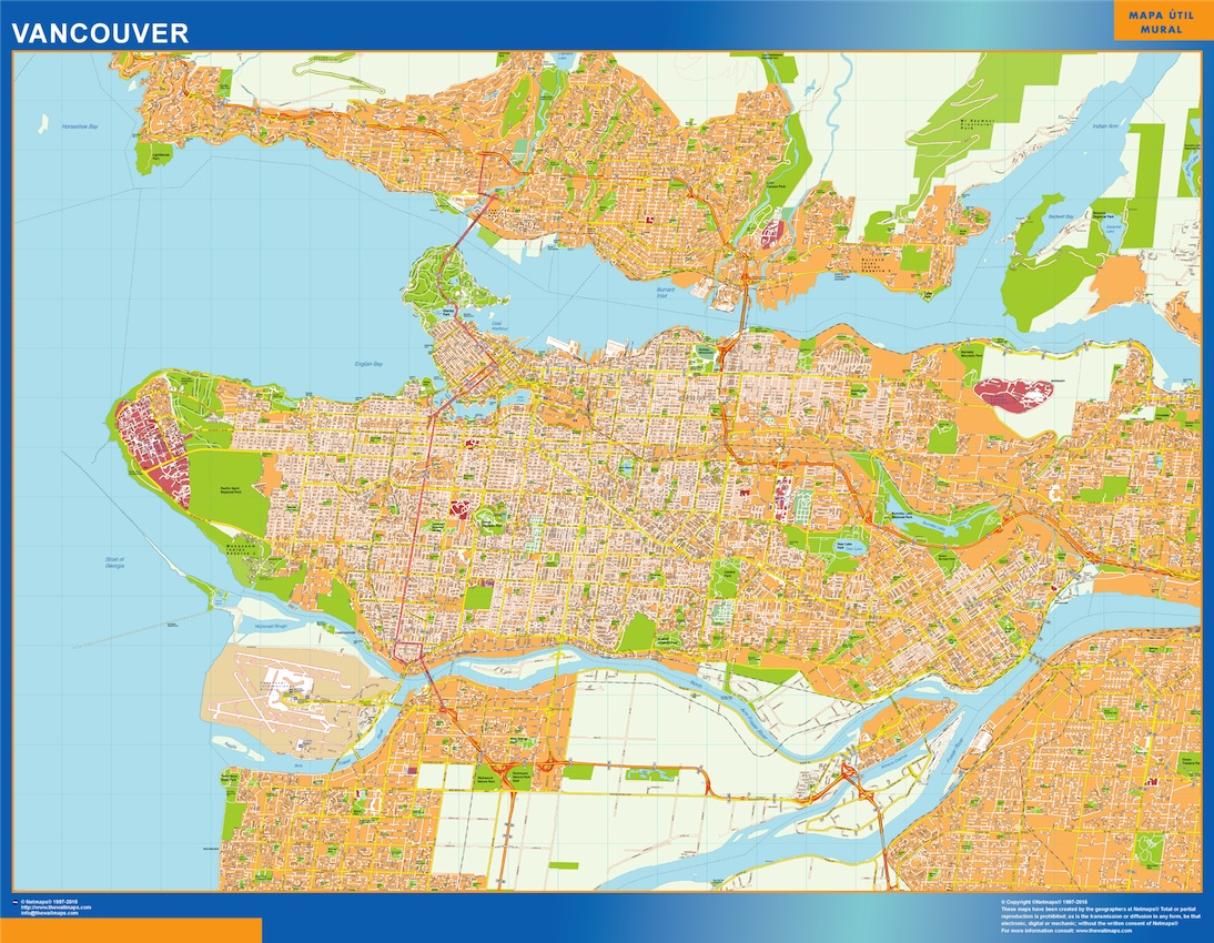 Mapa Vancouver en Canada plastificado gigante