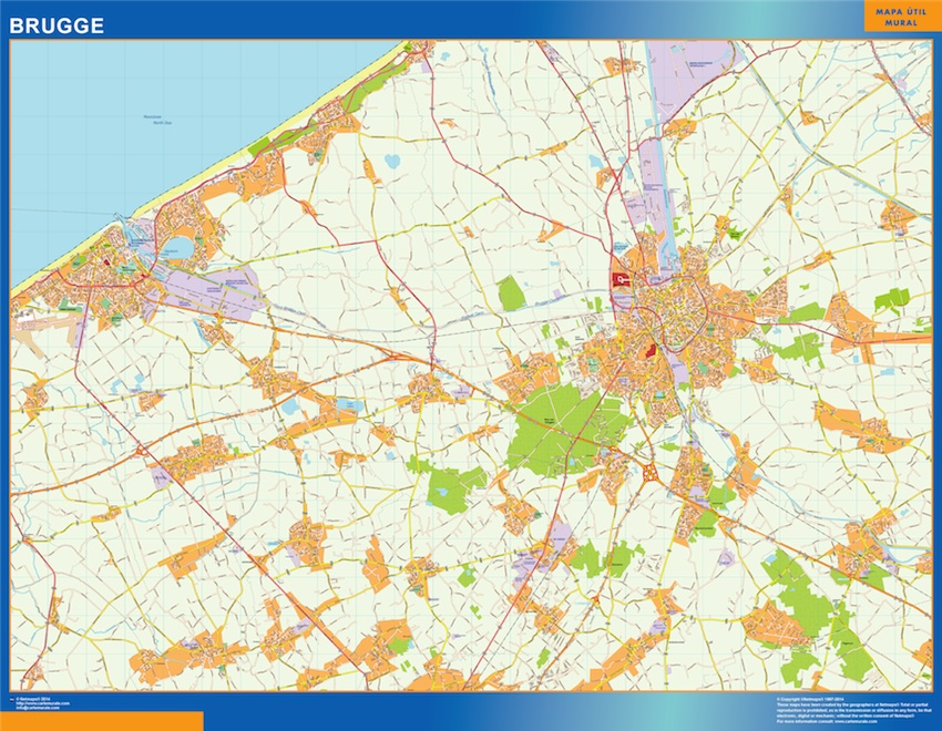 Mapa de Brujas en Bélgica plastificado gigante