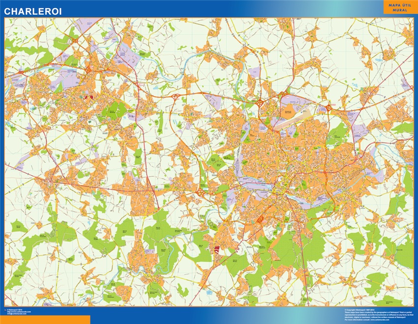 Mapa de Charleroi en Bélgica plastificado gigante