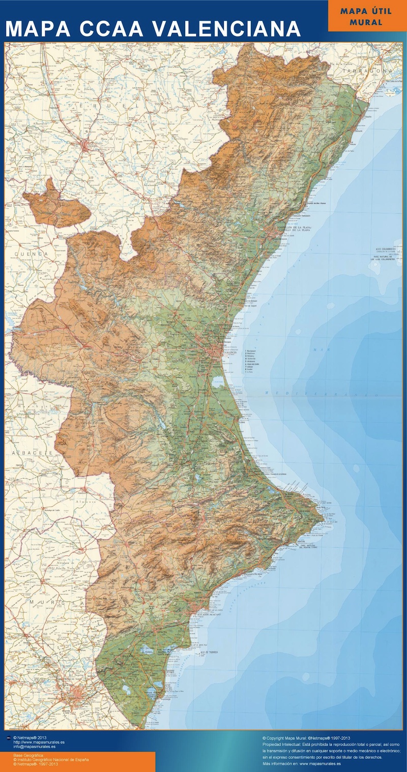 Mapa de Comunidad Valenciana relieve plastificado gigante