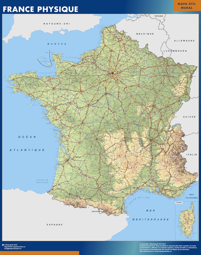 Mapa de Francia físico plastificado gigante