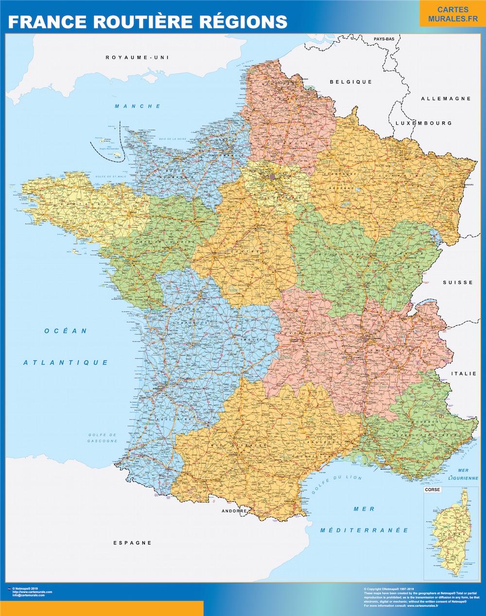 Mapa de Francia regional con carreteras plastificado gigante