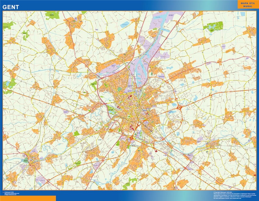 Mapa de Gante en Bélgica plastificado gigante