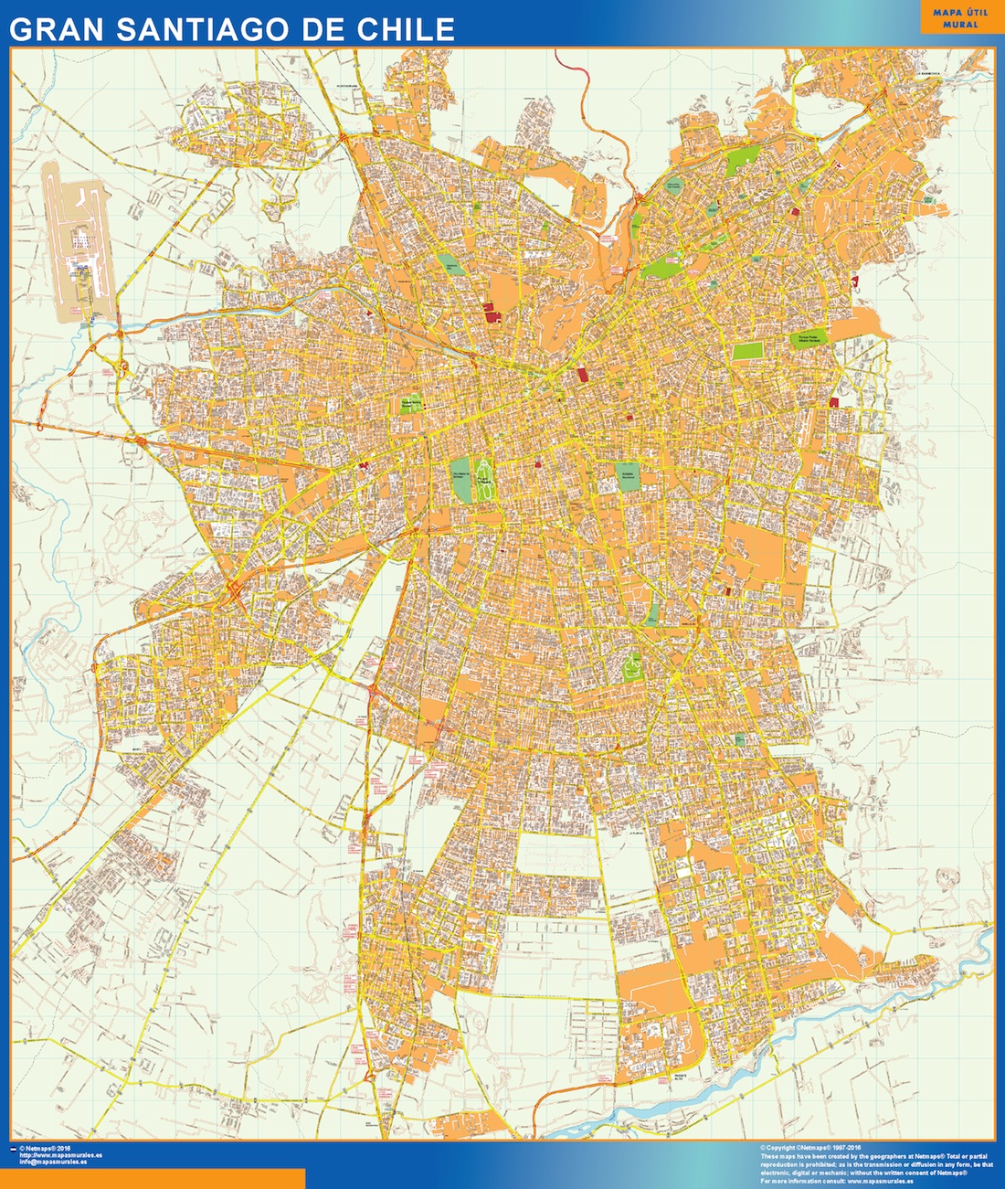 Mapas de Chile. Gran Santiago de Chile en Chile plastificado gigante