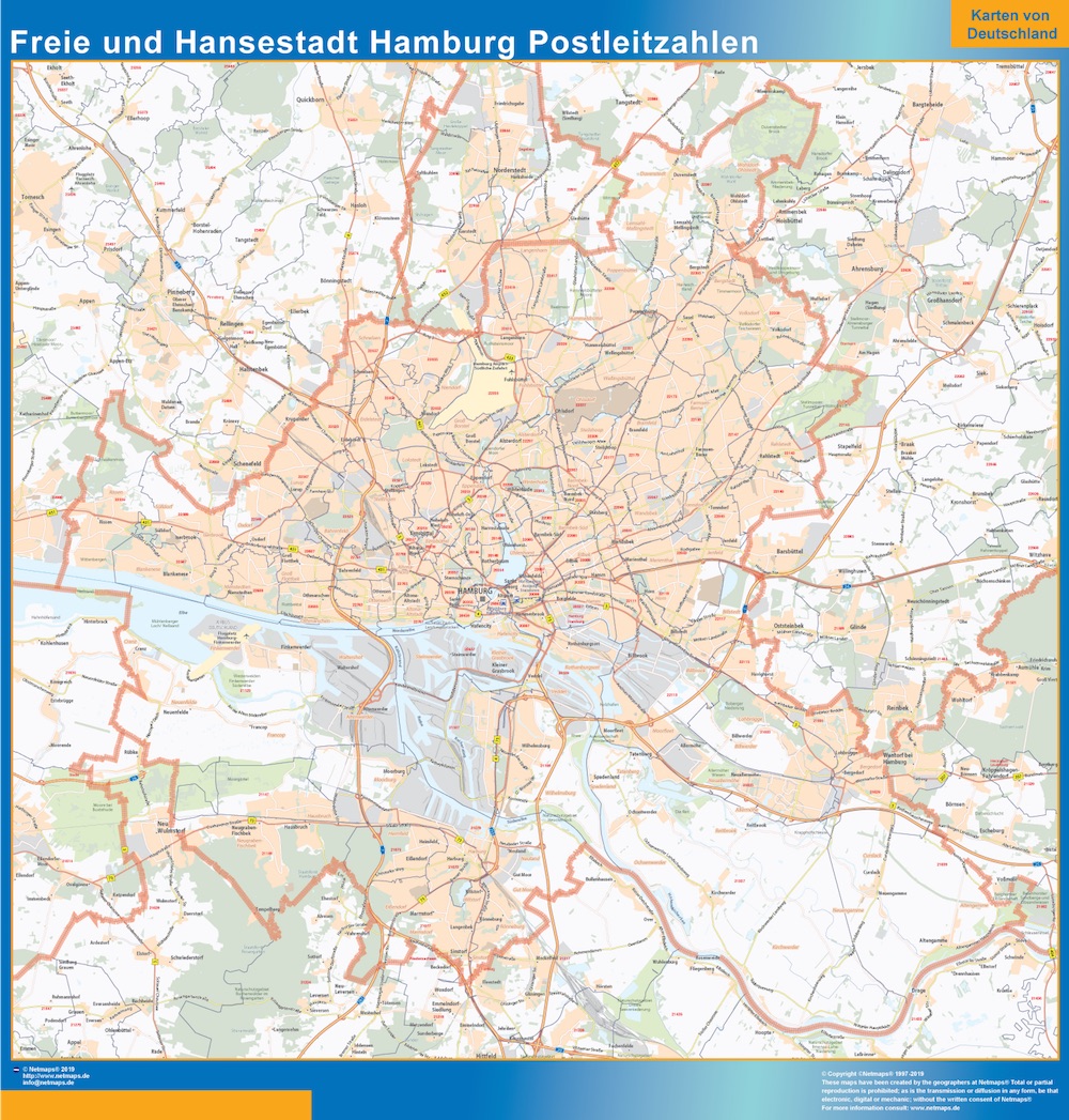 Mapa región Hamburgo codigos postales plastificado gigante