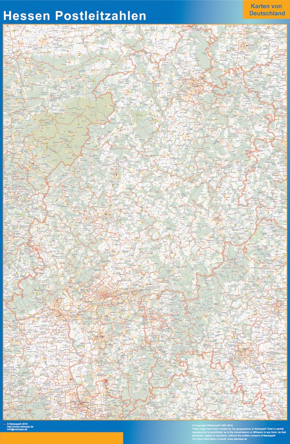 Mapa región Hessen codigos postales plastificado gigante