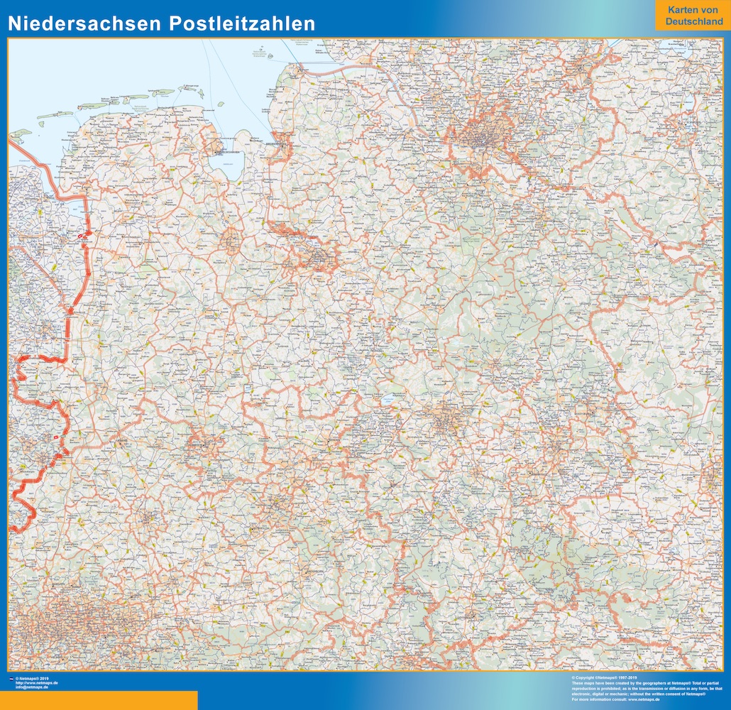 Mapa región Niedersachsen codigos postales plastificado gigante