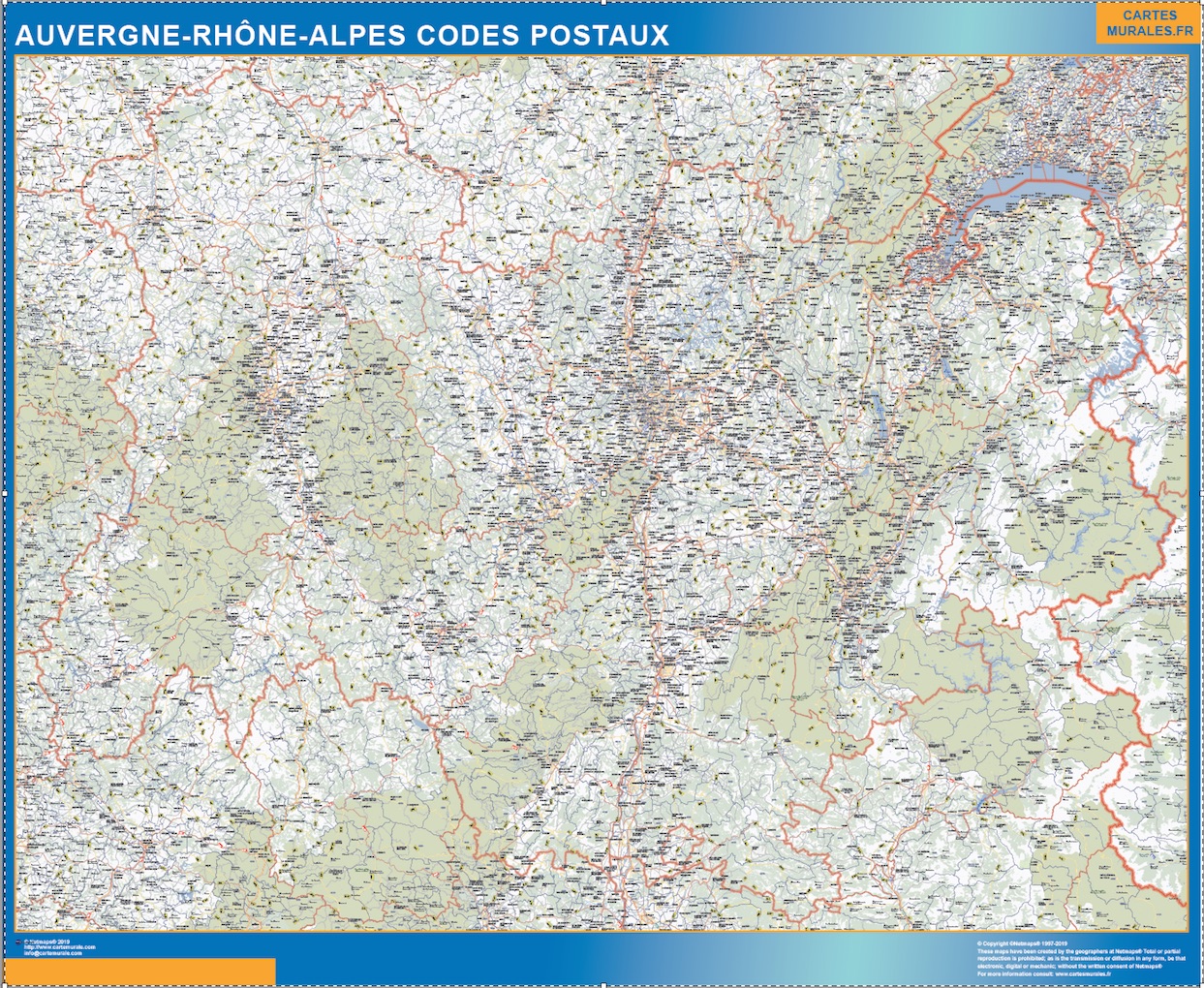Región Auvergne-Rhone-Alpes codigos postales plastificado gigante